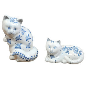 Set 2 Porcelain Cat Figurines Floral Accents Blue White Kittens Sitting Lying